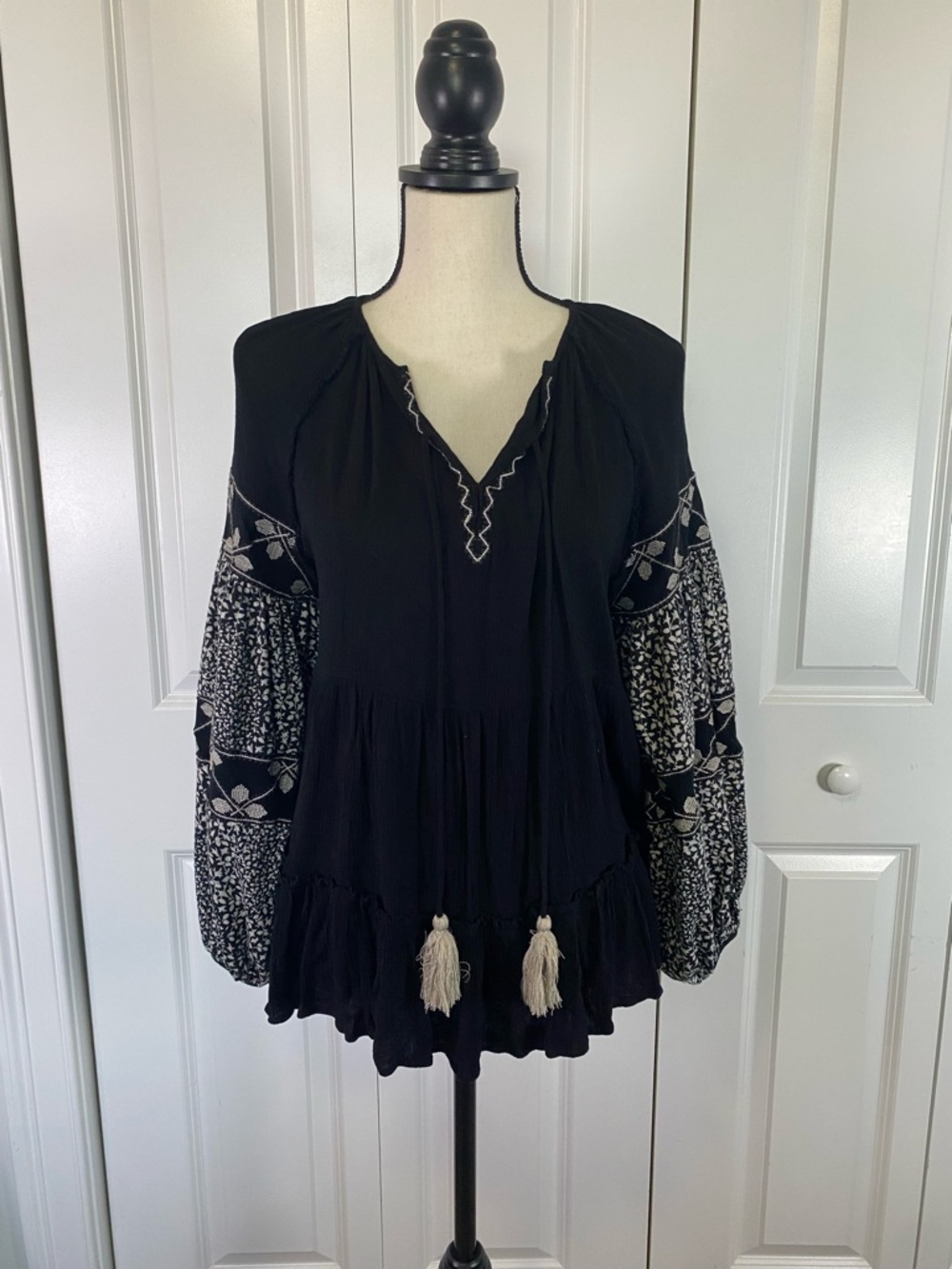 By Together Black Peasant Tunic with White Embroidered Sleeves